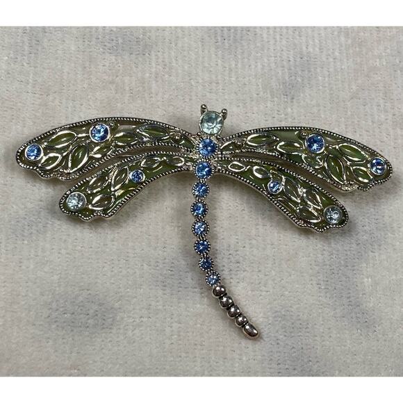 Vintage Dragonfly Pin Brooch Silvertone Light Blue Clear Rhinestone Green Enamel - Picture 2 of 10